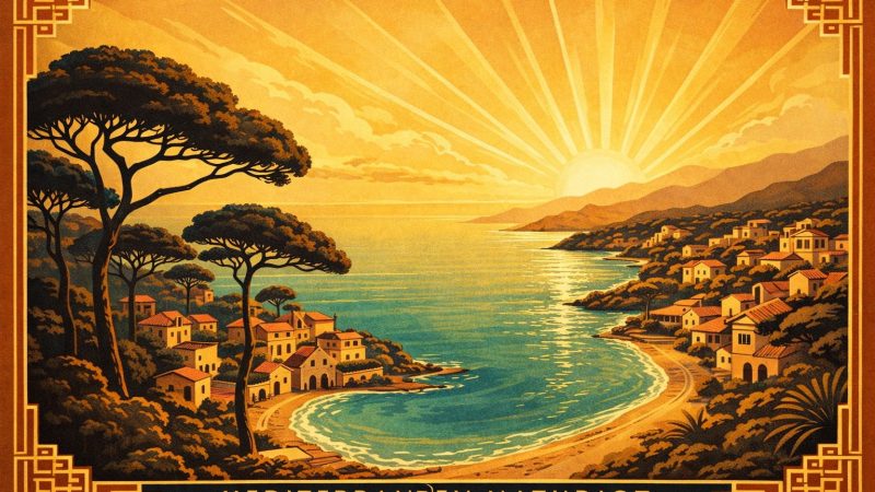 Art deco illustration, panoramic view of a mediterranean naturist village at golden hour, elegant geometric borders, warm terracotta and gold tones, turquoise sea, parasol pines, stylized sun rays, 1930s French Riviera poster style, horizontal format, no people