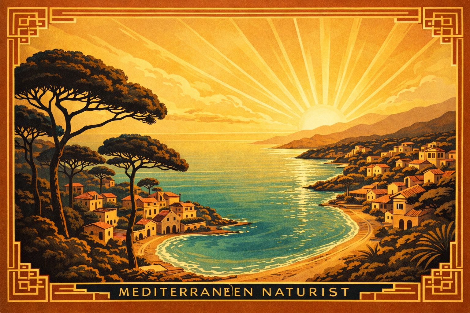 Art deco illustration, panoramic view of a mediterranean naturist village at golden hour, elegant geometric borders, warm terracotta and gold tones, turquoise sea, parasol pines, stylized sun rays, 1930s French Riviera poster style, horizontal format, no people