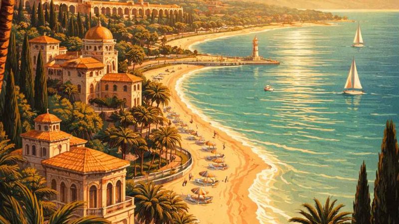 Illustration art déco style Gatsby du littoral de Fréjus au coucher du soleil, paysage méditerranéen dans le Var (83)