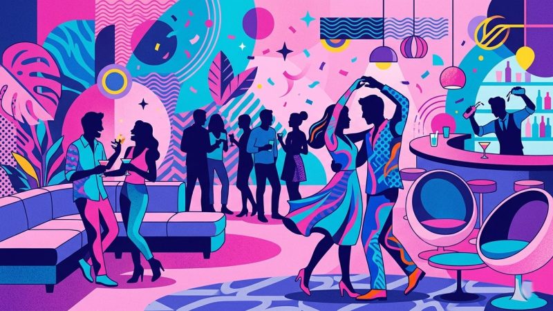 Illustration soirée libertine Wyylde — couples et célibataires dans un club, ambiance festive et bienveillante