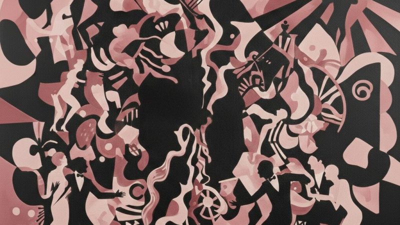 Illustration abstraite rose et noire inspirée des années 20, évoquant l'ambiance des rencontres et de la vie nocturne pour un article sur le libertinage.