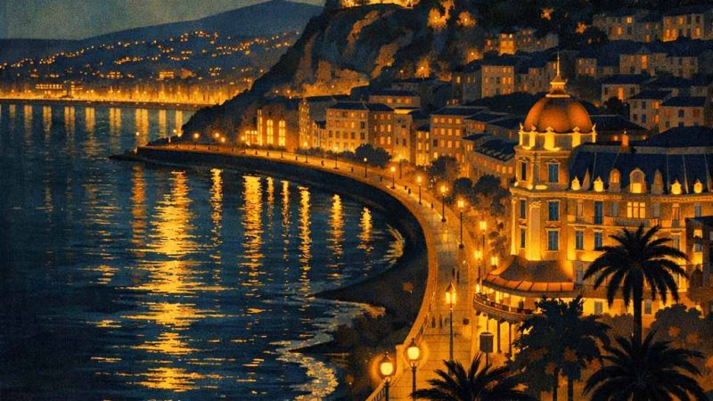 Nice la nuit en style Art déco années 20, vue de la Promenade des Anglais avec mer scintillante, palmiers et façades illuminées sous un ciel étoilé.