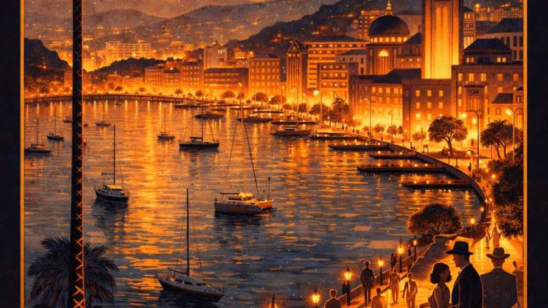 Vue artistique art déco du port de Toulon et de la rade au coucher du soleil – métropole toulonnaise (Var 83)