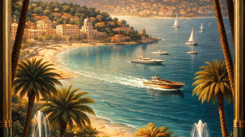 Illustration style Art déco années 1920 du littoral du Var, peinture inspirée Gatsby avec vue sur la Méditerranée, architecture élégante et collines provençales.