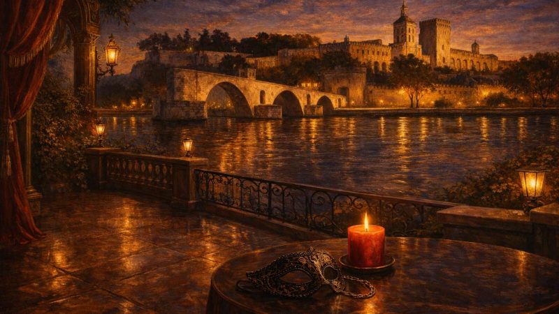 Illustration Art déco du Vaucluse (84) représentant Avignon, le Pont Saint-Bénézet et le Palais des Papes au coucher du soleil.