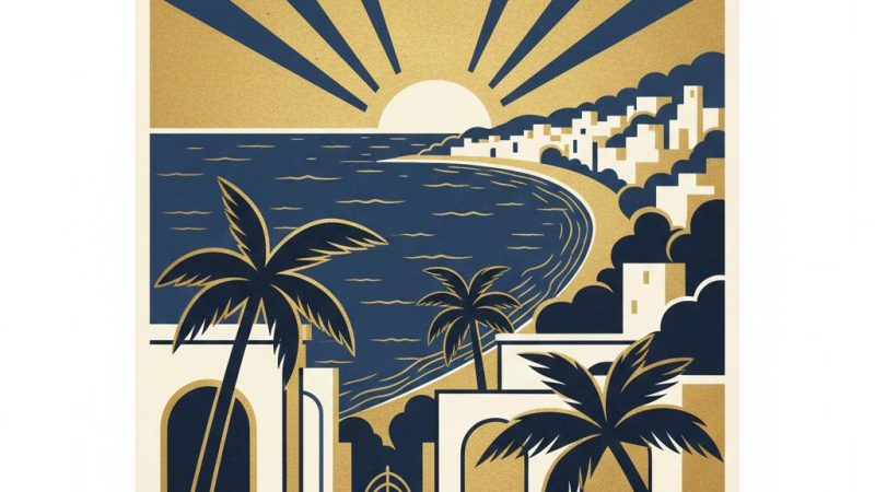 Illustration Art Déco de la Côte d'Azur avec palmiers, villas blanches et coucher de soleil sur la mer Méditerranée, style années 1920 Gatsby pour l'annuaire libertin 06.