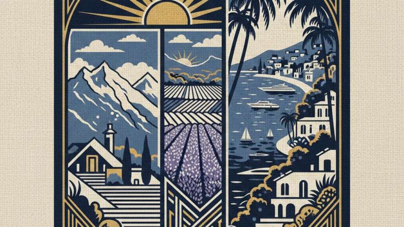 Illustration Art Déco style Gatsby représentant la diversité de la région PACA : les sommets enneigés des Alpes, les champs de lavande de Provence et une villa luxueuse sur la Côte d'Azur en bord de mer, le tout dans un cadre géométrique doré et bleu marine.