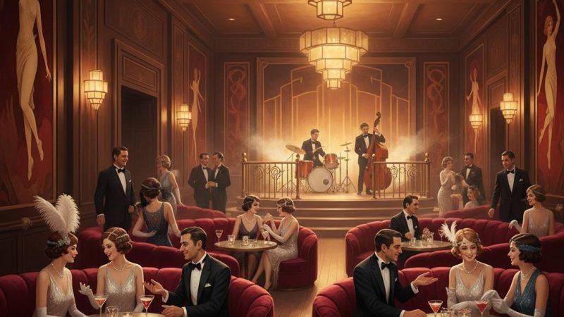 Illustration d'un salon privé élégant style Gatsby pour le guide des clubs libertins des Bouches-du-Rhône.