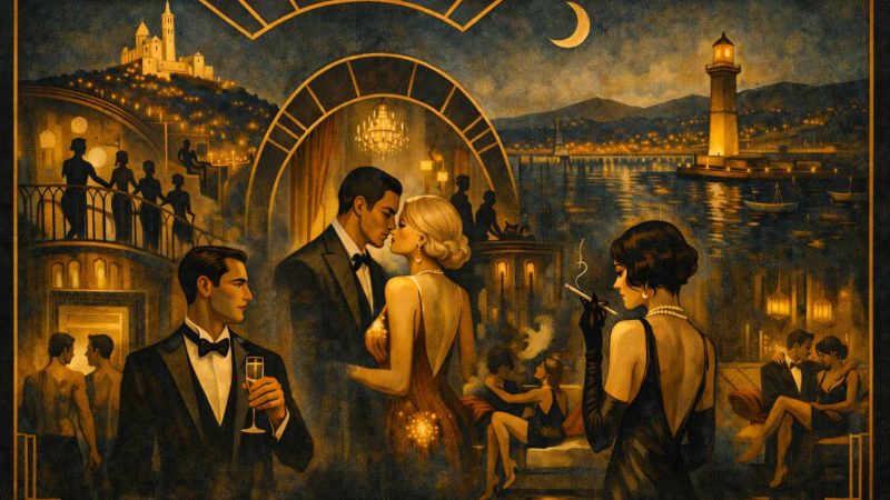Illustration Art déco inspirée des années 1920 représentant une ambiance nocturne élégante à Marseille, avec une atmosphère feutrée évoquant les saunas et clubs libertins.