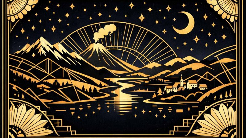 Illustration Art Déco années 1920 représentant la région Auvergne-Rhône-Alpes la nuit, avec montagnes alpines, volcan d’Auvergne, vallée et rivière sous un ciel étoilé doré, composition géométrique noir et or.
