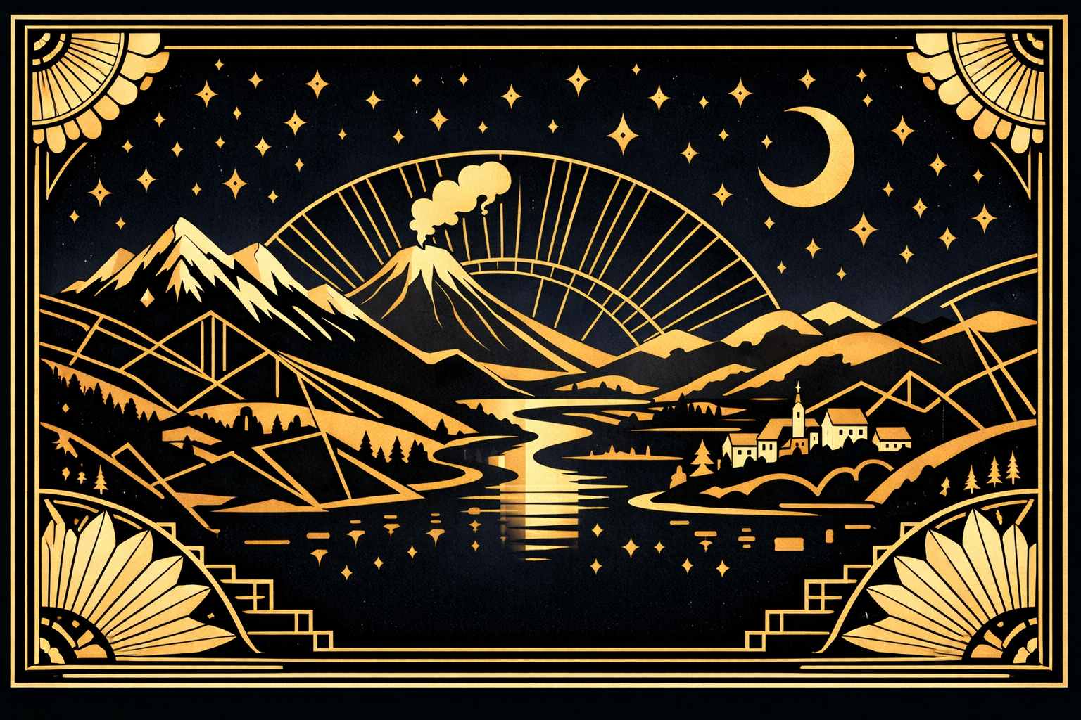 Illustration Art Déco années 1920 représentant la région Auvergne-Rhône-Alpes la nuit, avec montagnes alpines, volcan d’Auvergne, vallée et rivière sous un ciel étoilé doré, composition géométrique noir et or.
