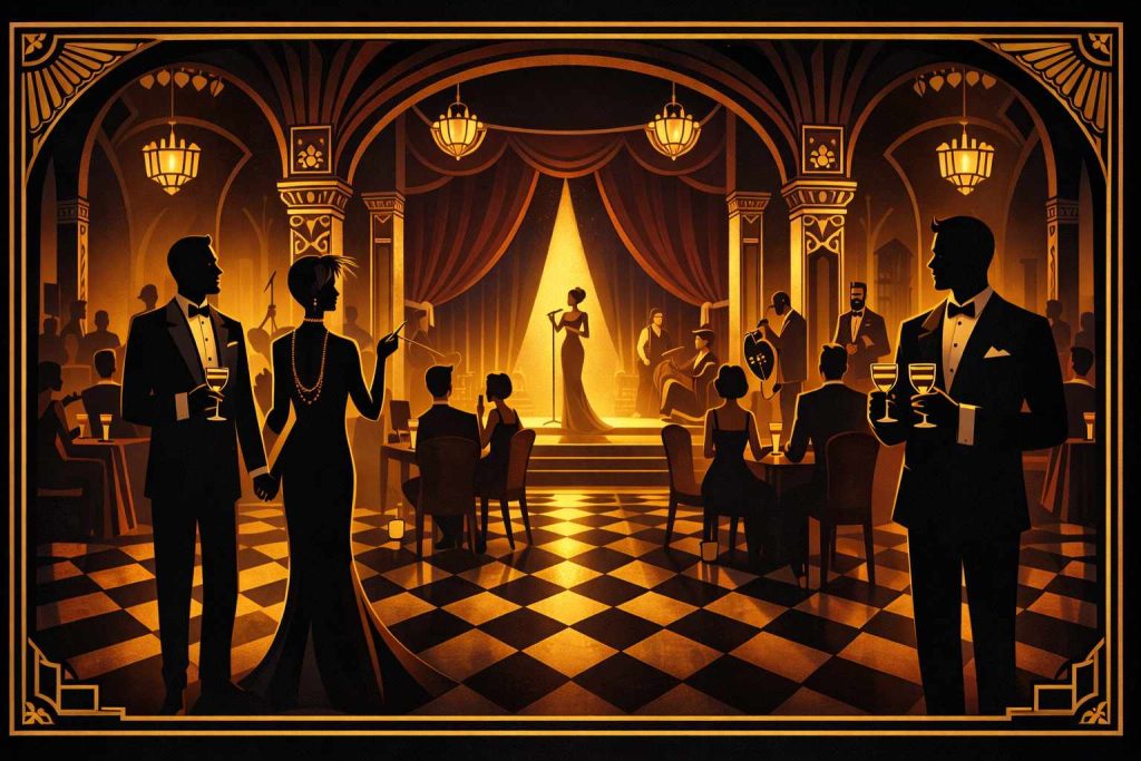 Illustration style Art Déco 1920s représentant l’intérieur d’un club français élégant, avec scène éclairée, silhouettes en tenue de soirée, sol géométrique noir et or et ambiance nocturne chaleureuse.