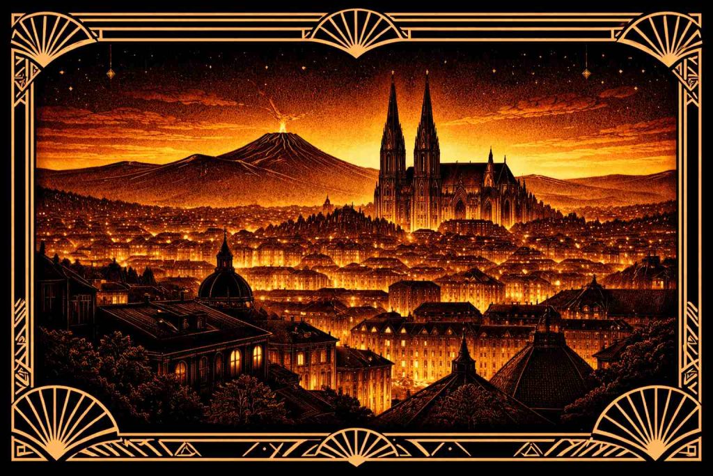 Illustration Art Déco de Clermont-Ferrand au crépuscule avec la cathédrale gothique en silhouette et le Puy de Dôme à l’horizon, style poster années 1920 noir or et bordeaux.