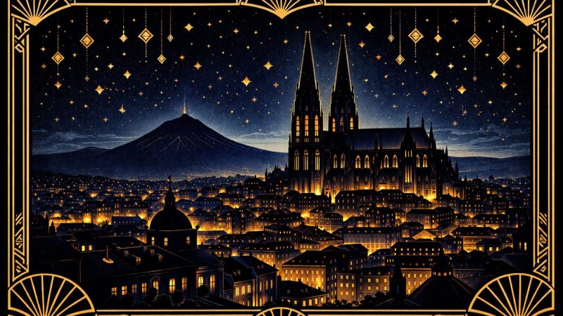 Clubs libertins Clermont-Ferrand - illustration Art Déco cathédrale noire et vie nocturne auvergnate