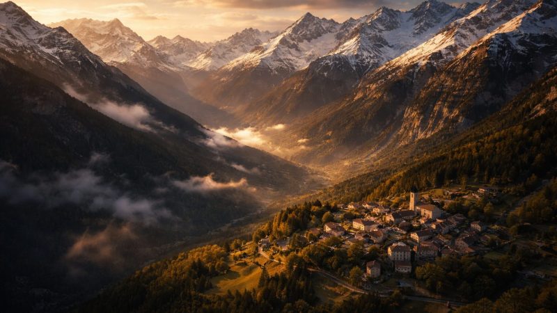 Vue aérienne des Alpes-de-Haute-Provence au coucher du soleil, paysage montagnard et village provençal