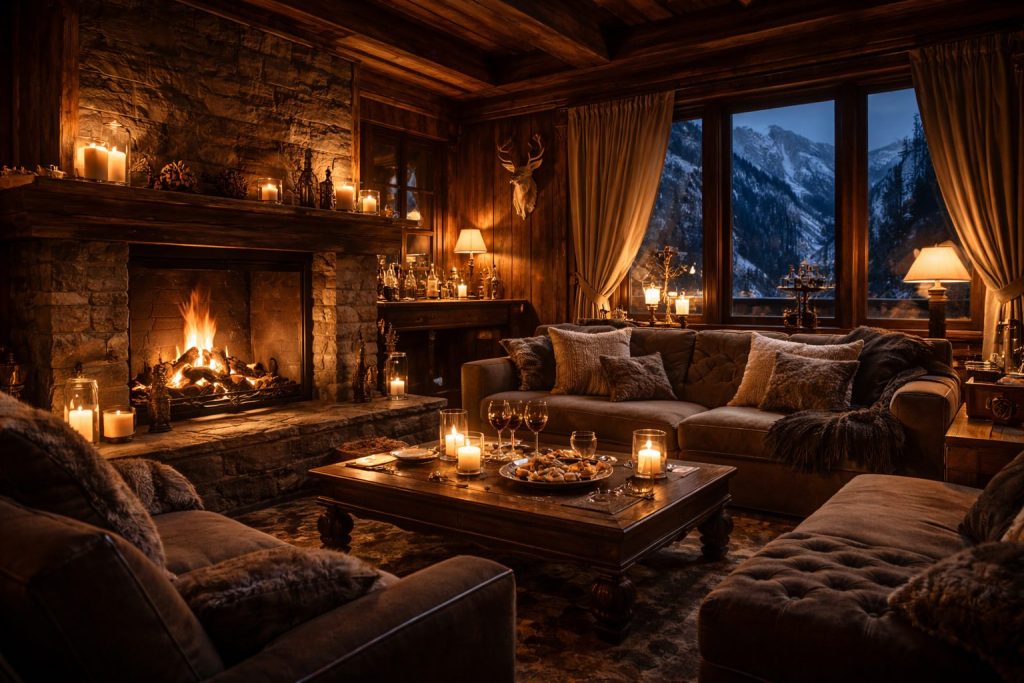 Intérieur de chalet de luxe dans les Hautes-Alpes, ambiance chaleureuse et tamisée, lieu privé discret
