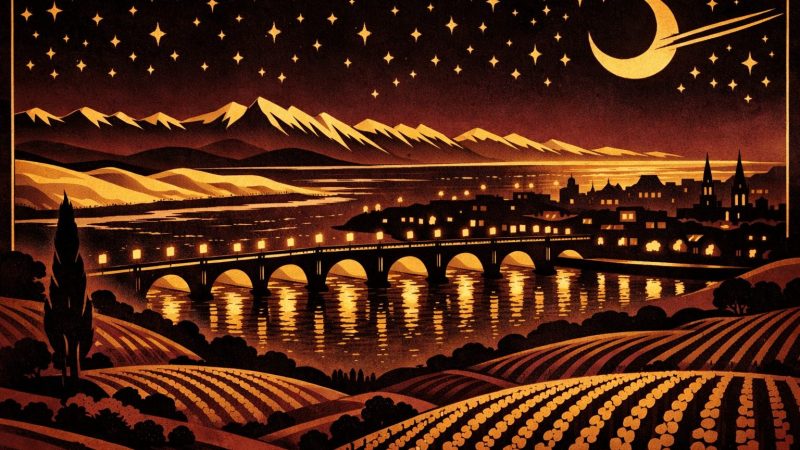 Illustration Art Déco années 1920 représentant la région Nouvelle-Aquitaine la nuit, avec les quais de Bordeaux, l'océan Atlantique, les dunes des Landes et les Pyrénées sous un ciel étoilé doré, composition géométrique noir et or.