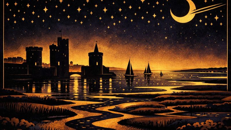 Illustration Art Déco années 1920 représentant La Rochelle la nuit, silhouette des trois tours du vieux port, océan Atlantique et marais charentais sous un ciel étoilé doré, composition géométrique noir et or.