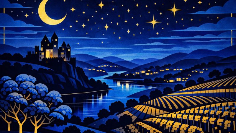 Illustration Art Déco années 1920 représentant la Dordogne la nuit, silhouette d'un château médiéval surplombant la rivière, noyers et vignes du Périgord sous un ciel étoilé doré, composition géométrique noir et or.