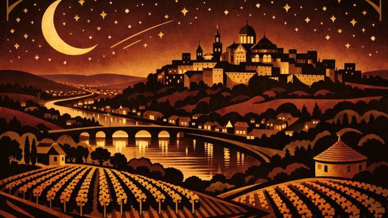 Illustration Art Déco années 1920 représentant Angoulême la nuit, silhouette des remparts médiévaux et de la cathédrale sur la colline, rivière Charente et vignobles en contrebas sous un ciel étoilé doré.