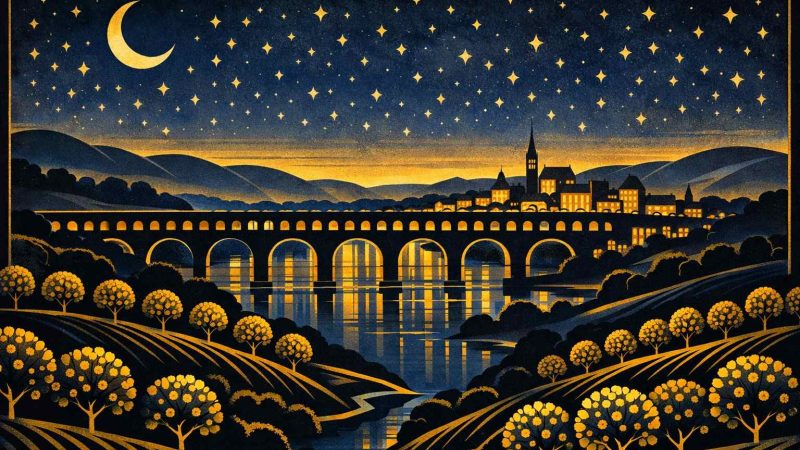 Illustration Art Déco années 1920 représentant Agen la nuit, silhouette du viaduc sur la Garonne, vergers de pruneaux et collines du Lot-et-Garonne sous un ciel étoilé doré, composition géométrique noir et or.