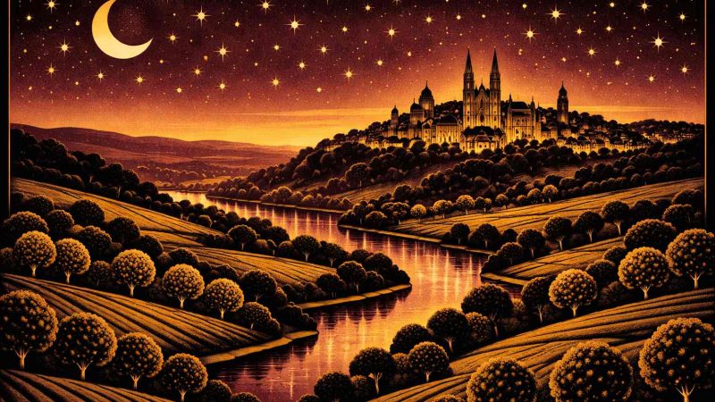 Illustration Art Déco années 1920 représentant Poitiers la nuit, silhouettes des églises médiévales sur la colline, rivière Clain et campagne du Poitou sous un ciel étoilé doré, composition géométrique noir et or.