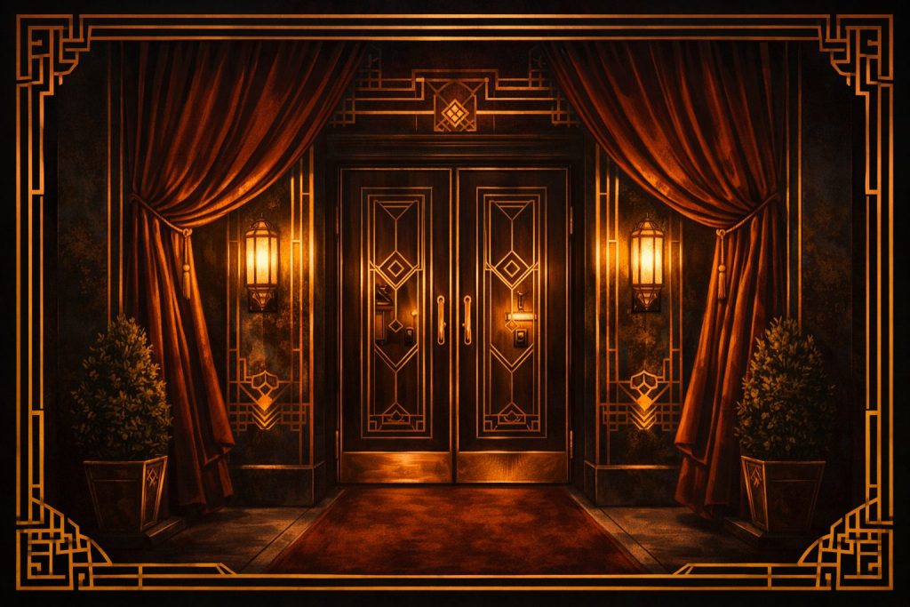 llustration Art Déco d'une entrée de club libertin élégante, La Villa Rose à Caissargues dans le Gard