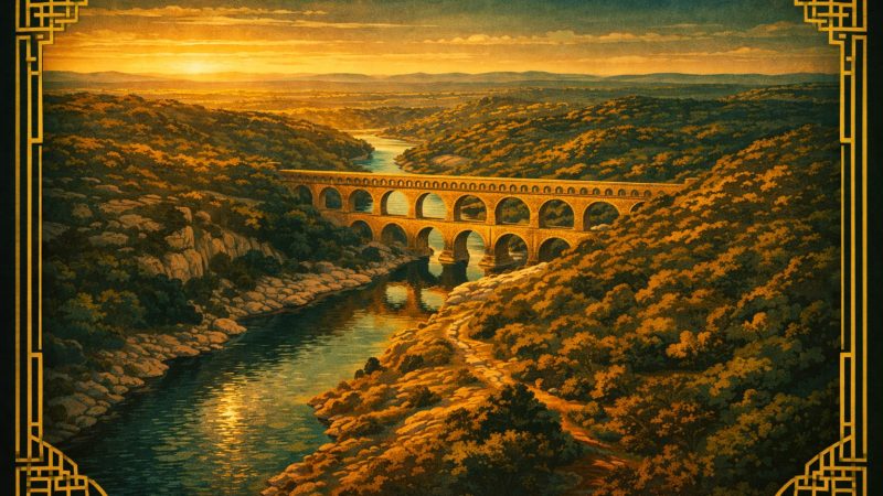 Illustration Art Déco du Gard avec le Pont du Gard, guide des clubs libertins du département