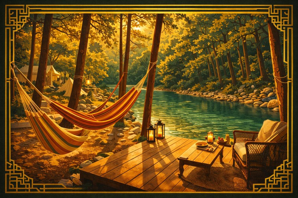 Illustration Art Déco d'un camping naturiste libertin en bord de rivière, Le Ran du Chabrier dans la vallée de la Cèze