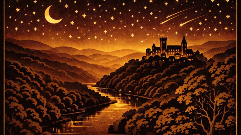Illustration Art Déco années 1920 représentant la Creuse la nuit, rivière sinuant dans une vallée boisée du Massif Central, silhouette d'un village médiéval sur la colline et forêts de chênes sous un ciel étoilé doré, composition géométrique noir et or.