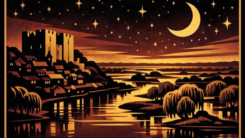 Illustration Art Déco années 1920 représentant Niort la nuit, silhouette du donjon médiéval au-dessus de la Sèvre Niortaise, marais poitevin et canaux en arrière-plan sous un ciel étoilé doré, composition géométrique noir et or.