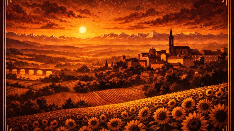 Vue art déco de la campagne de Haute-Garonne avec les Pyrénées en arrière-plan, guide des clubs libertins du département 31