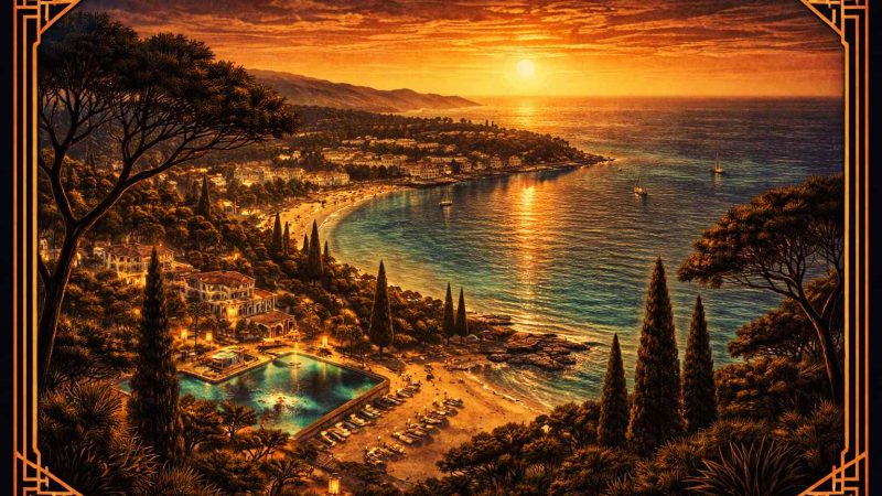 Vue art déco de la côte méditerranéenne de l'Hérault au coucher du soleil, guide des clubs libertins du département 34