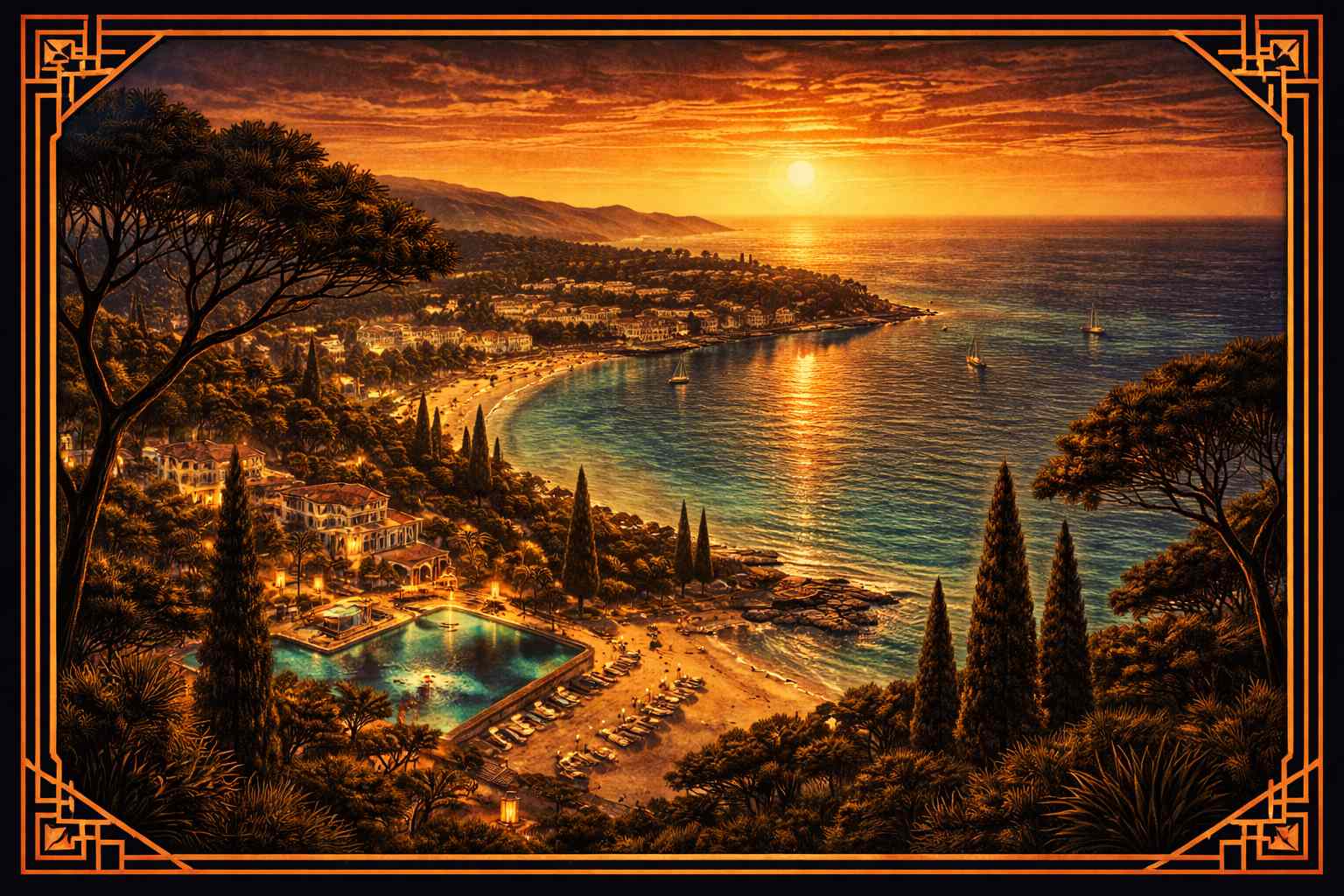 Vue art déco de la côte méditerranéenne de l'Hérault au coucher du soleil, guide des clubs libertins du département 34