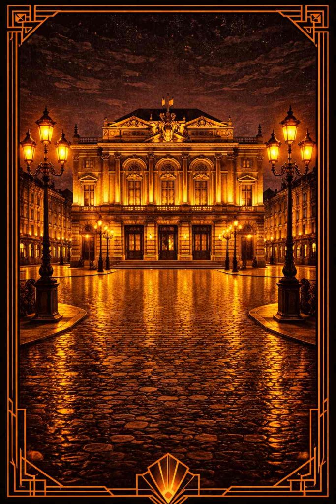 Illustration art déco de la Place de la Comédie à Montpellier la nuit, ambiance club libertin dans la capitale de l'Hérault (34)