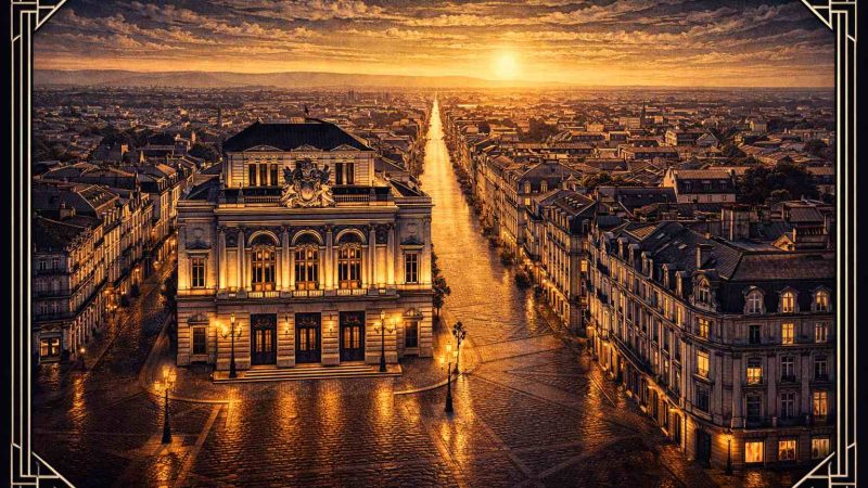 Vue art déco de la Place de la Comédie à Montpellier au coucher du soleil, guide des clubs libertins de la capitale héraultaise