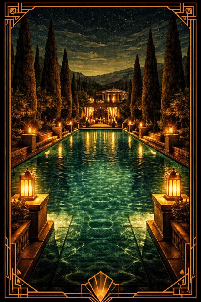 Illustration art déco d'une piscine extérieure de nuit dans un club libertin près de Montpellier, Saint-Jean-de-Védas Hérault