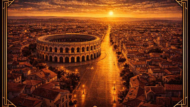 Vue art déco des arènes de Nîmes au coucher du soleil, guide des clubs libertins et saunas de la ville