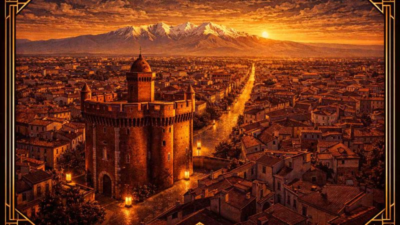Vue art déco de Perpignan au coucher du soleil avec le Castillet et le Canigou, guide des clubs libertins des Pyrénées-Orientales (66)