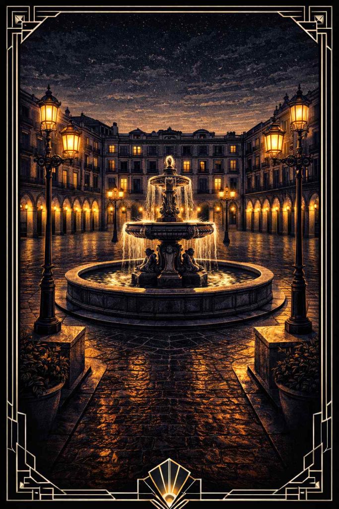 Illustration art déco d'une place catalane à Perpignan la nuit, ambiance club libertin dans les Pyrénées-Orientales