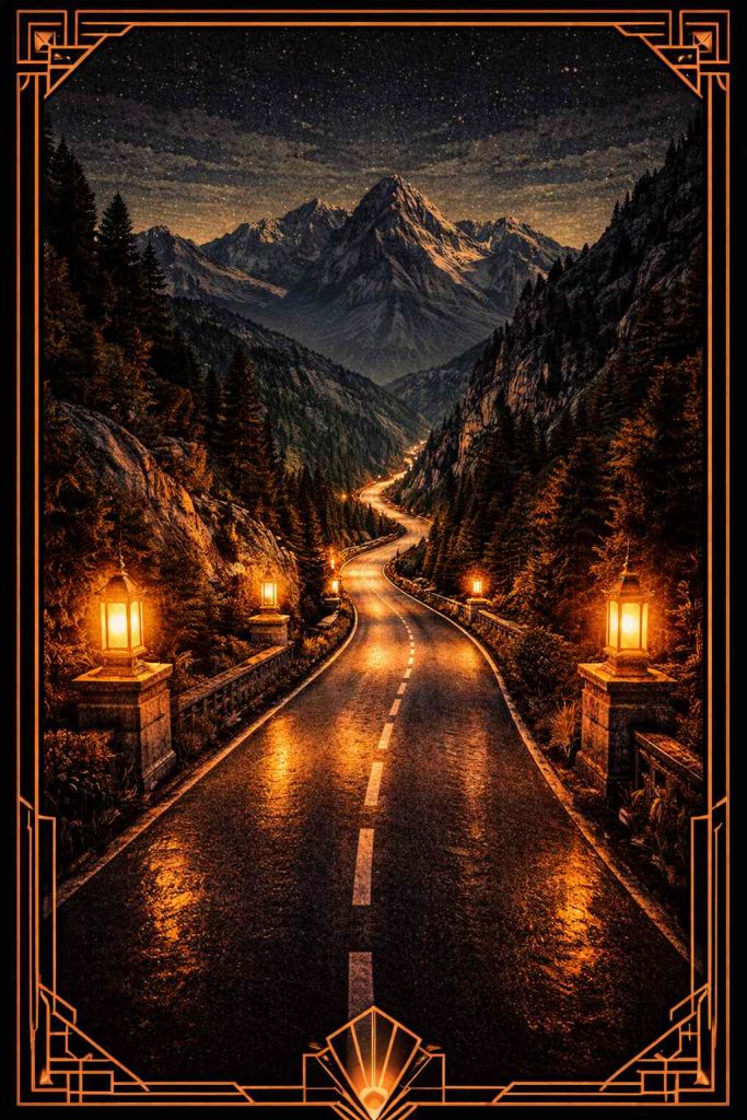 Illustration art déco d'une route de montagne pyrénéenne la nuit, ambiance club libertin au Boulou dans les Pyrénées-Orientales