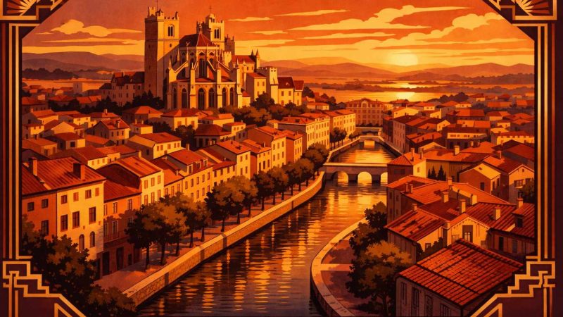 Vue art déco de Narbonne et du Canal de la Robine au coucher du soleil, guide des clubs libertins de l'Aude (11)