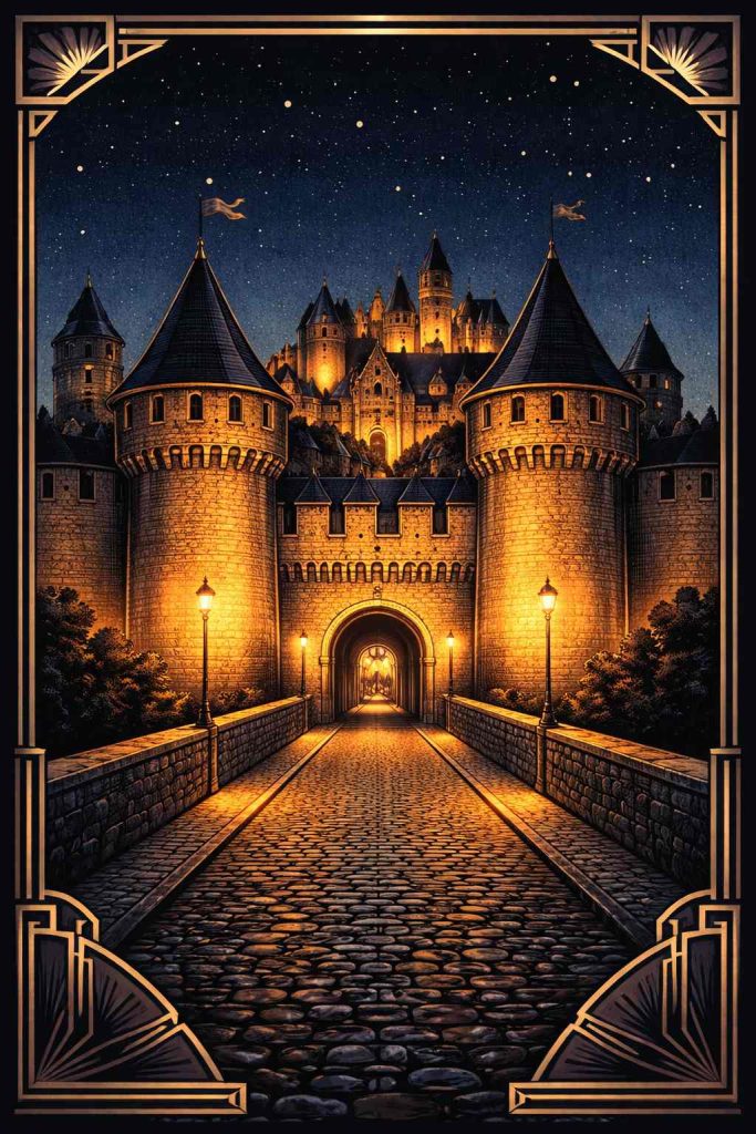 Illustration art déco de la cité médiévale de Carcassonne la nuit, guide du sauna gay Le Jul's dans l'Aude (11)