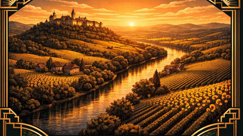 Vue art déco de la vallée du Tarn au coucher du soleil, guide des clubs libertins du département 81