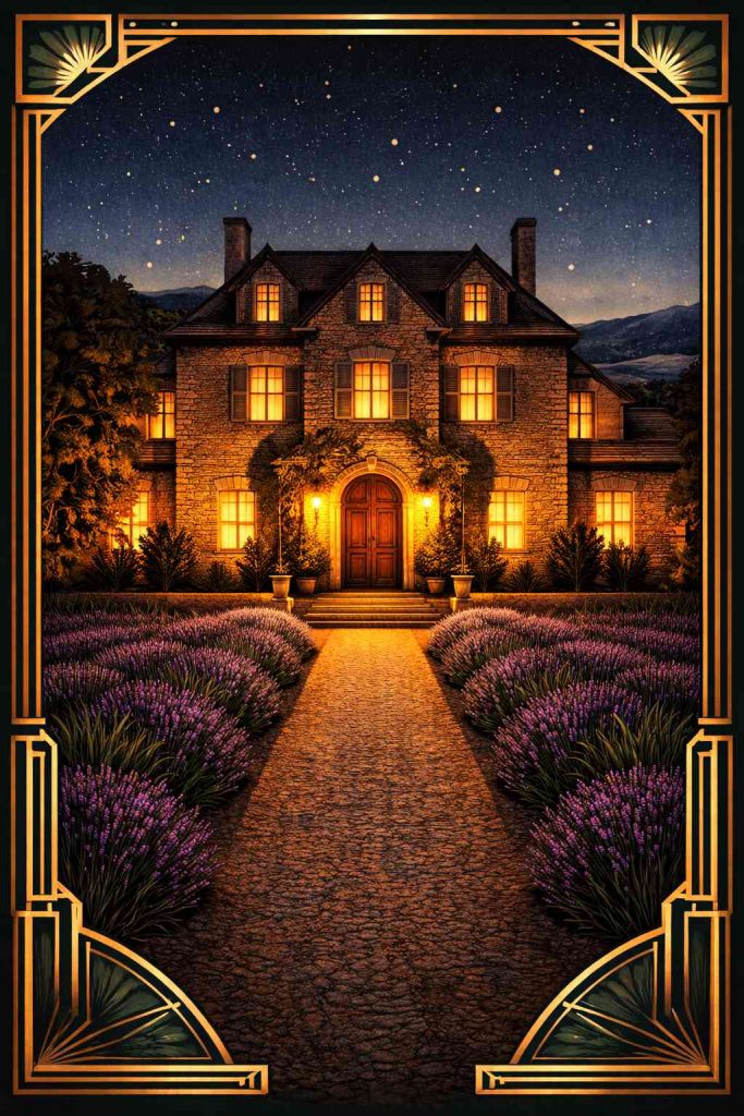 Illustration art déco d'un manoir de campagne tarnais la nuit, entrée du S Club libertin à Lombers dans le Tarn (81)