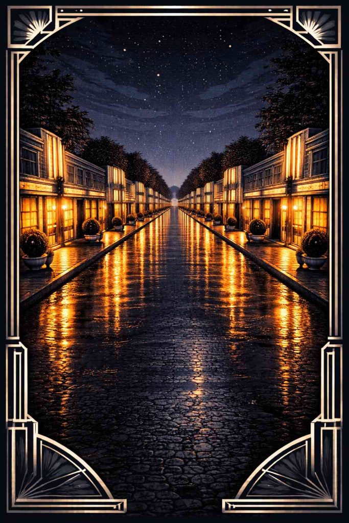 Illustration art déco d'une zone commerciale la nuit à Montauban, entrée discrète du Lover-Dose club libertin dans le Tarn-et-Garonne (82)