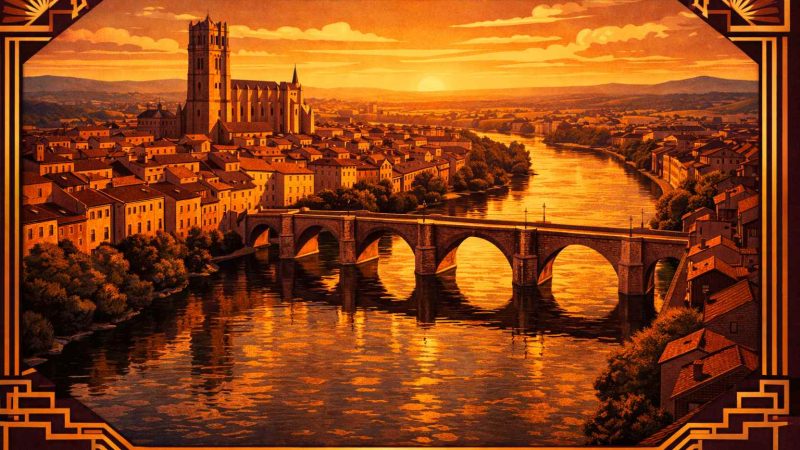 Vue art déco de Montauban et du Tarn au coucher du soleil, guide des clubs libertins du Tarn-et-Garonne (82)