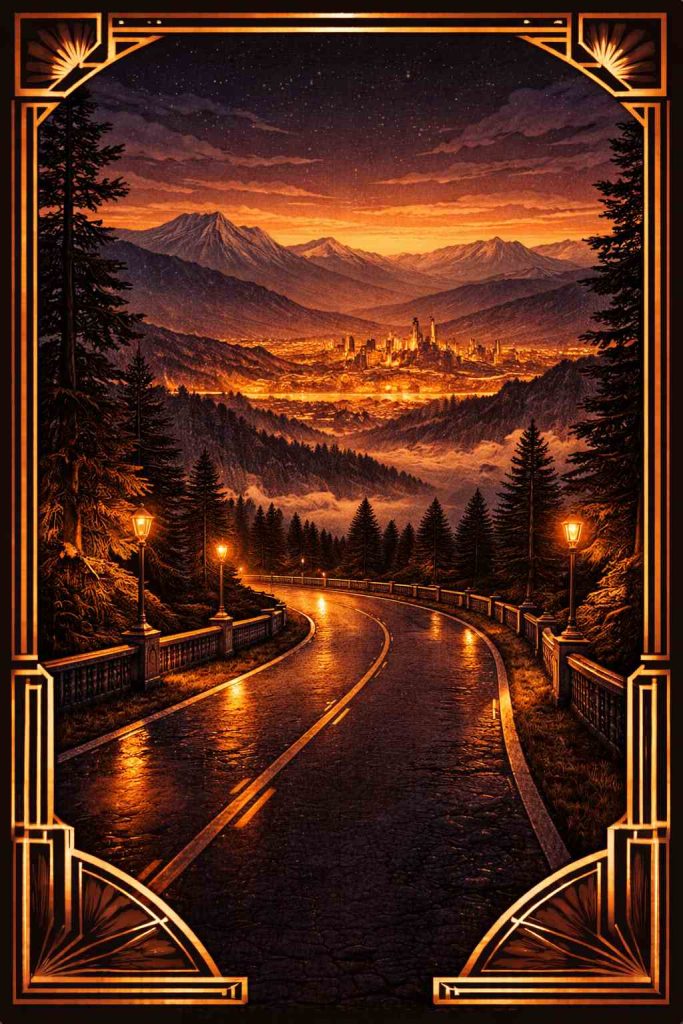 Illustration art déco d'une route de montagne ariégeoise menant vers Toulouse la nuit, pôle libertin le plus proche du département 09