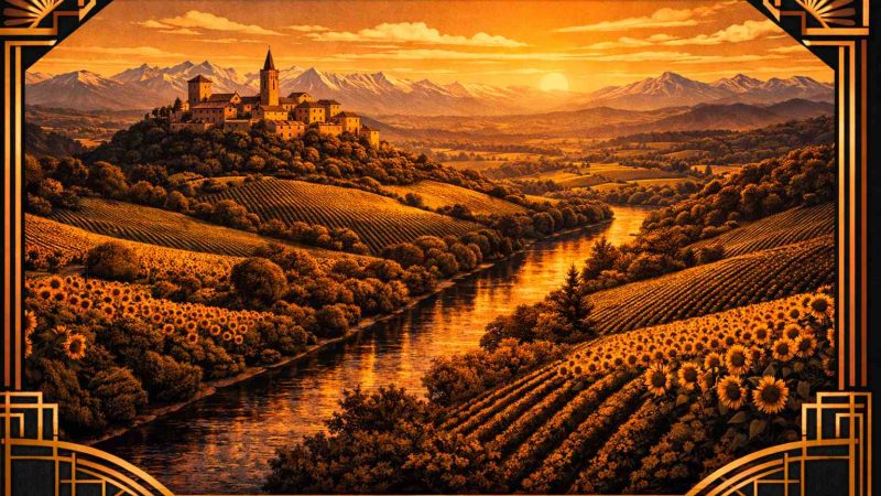 Vue art déco de la campagne gasconne au coucher du soleil avec les Pyrénées en arrière-plan, guide du libertinage dans le Gers (32) et les Hautes-Pyrénées (65)