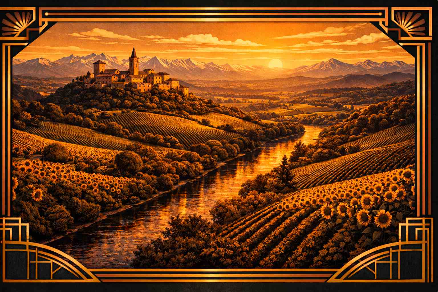 Vue art déco de la campagne gasconne au coucher du soleil avec les Pyrénées en arrière-plan, guide du libertinage dans le Gers (32) et les Hautes-Pyrénées (65)